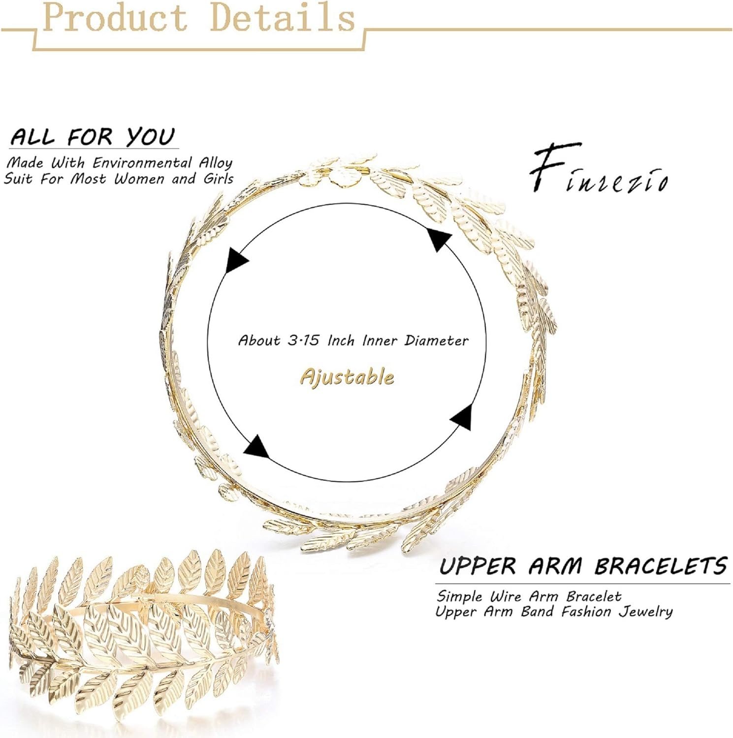 Finrezio - Juego de 3 pulseras para brazo estilo victoriano filigrana estilo gitano boho chapado en oro brazaletes abiertos hoja brazaletes - Imagen 5