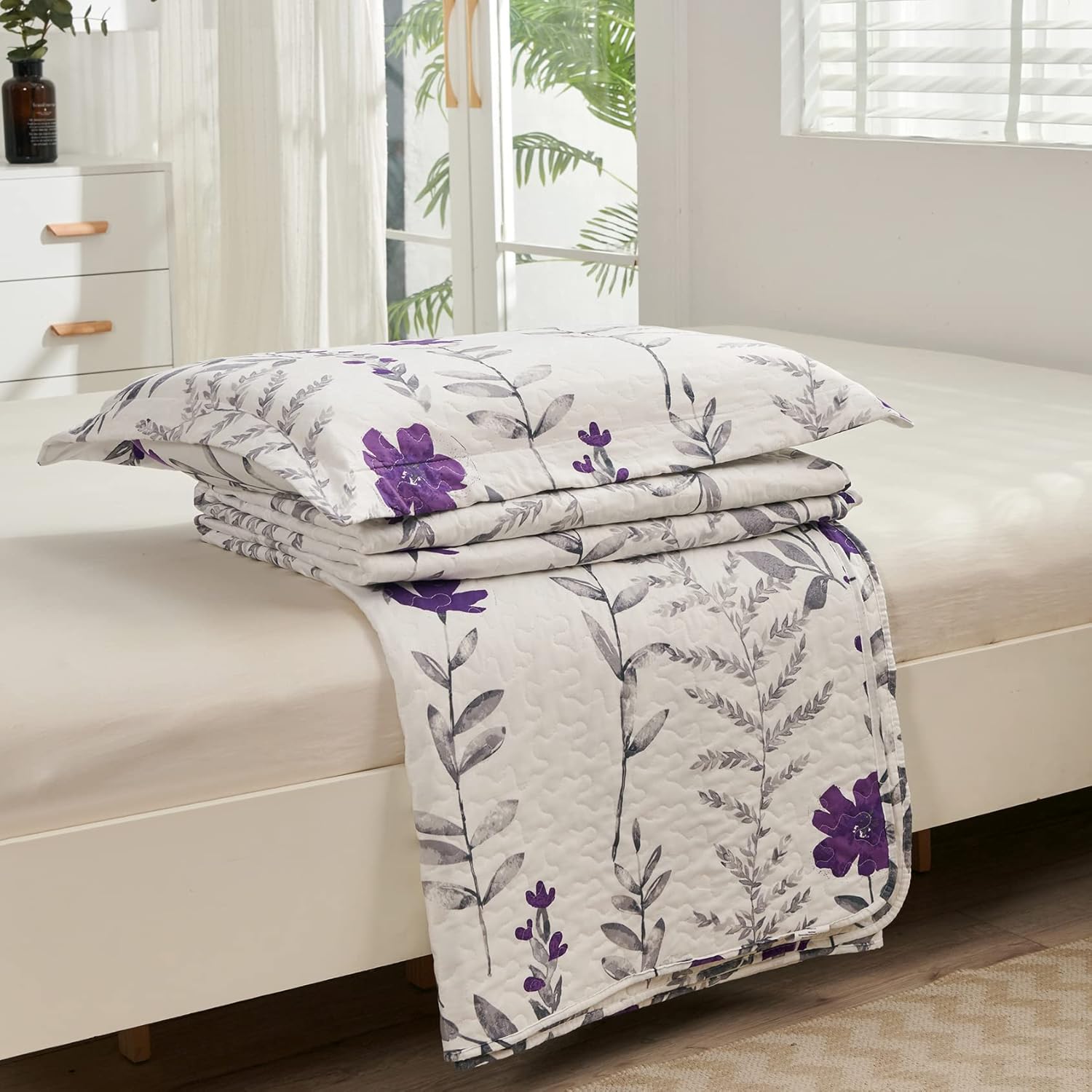 Colchas de cama con estampado floral, tamaño King, color morado y gris, colcha de hojas transpirable, cubrecama bontánica, manta de microfibra