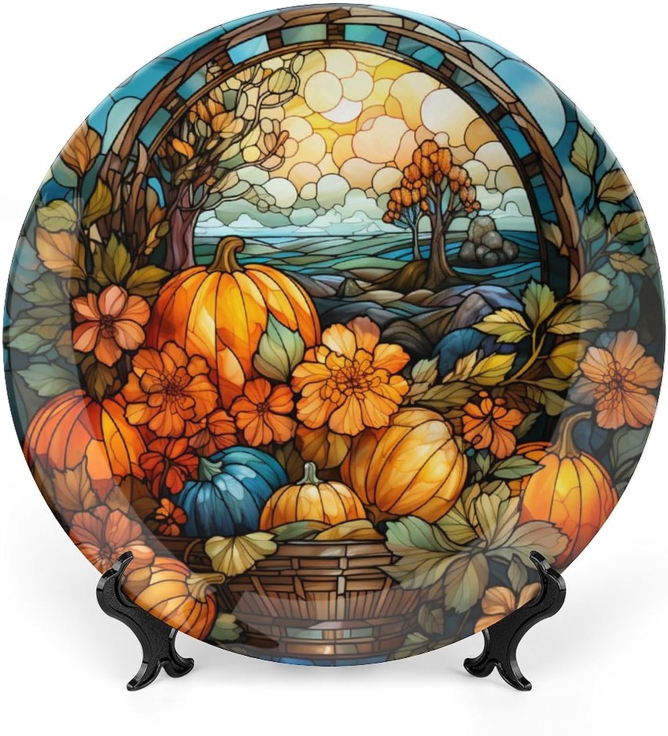 Plato de cosecha de otoño de calabaza para decoración de pared de oficina en casa, plato decorativo con soporte de exhibición, adorno de cerámica,