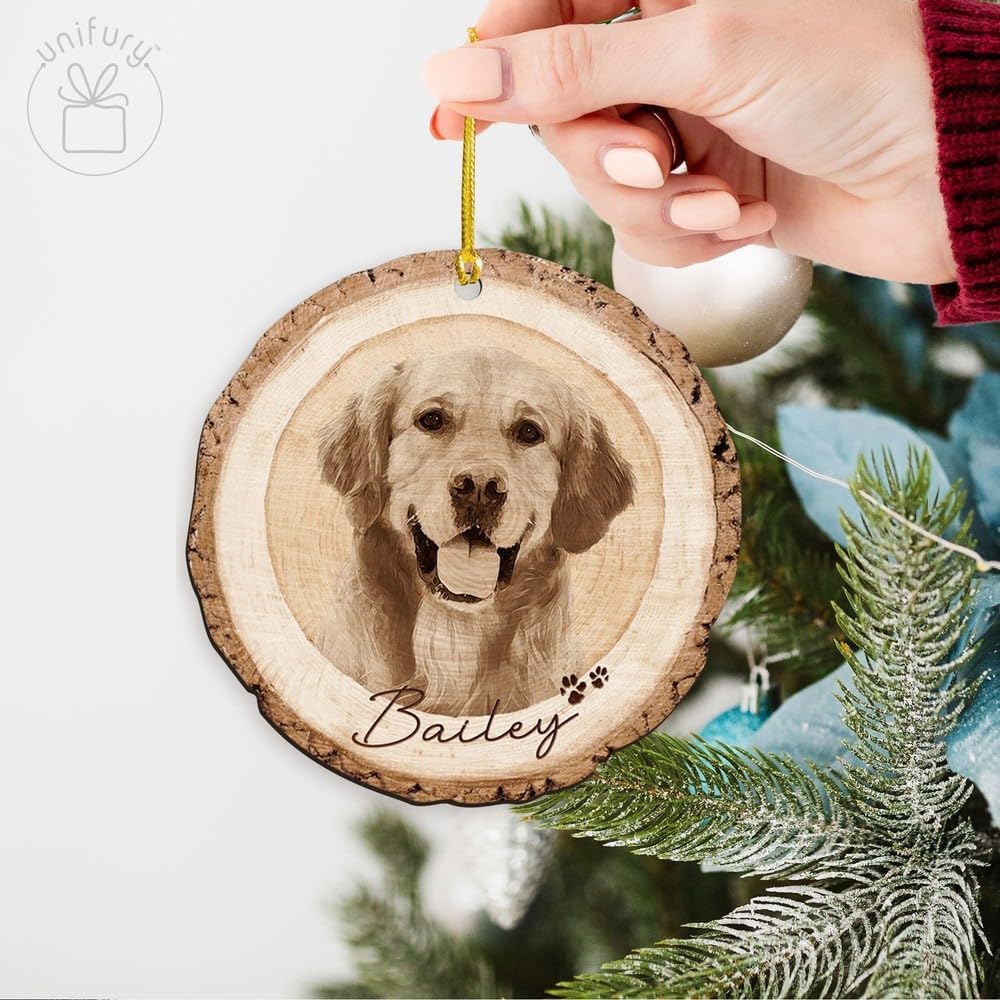Unifury Adorno de perro personalizado con imagen, adorno de foto de Navidad, adornos de perro en memoria, adornos de madera para mascotas, adorno de