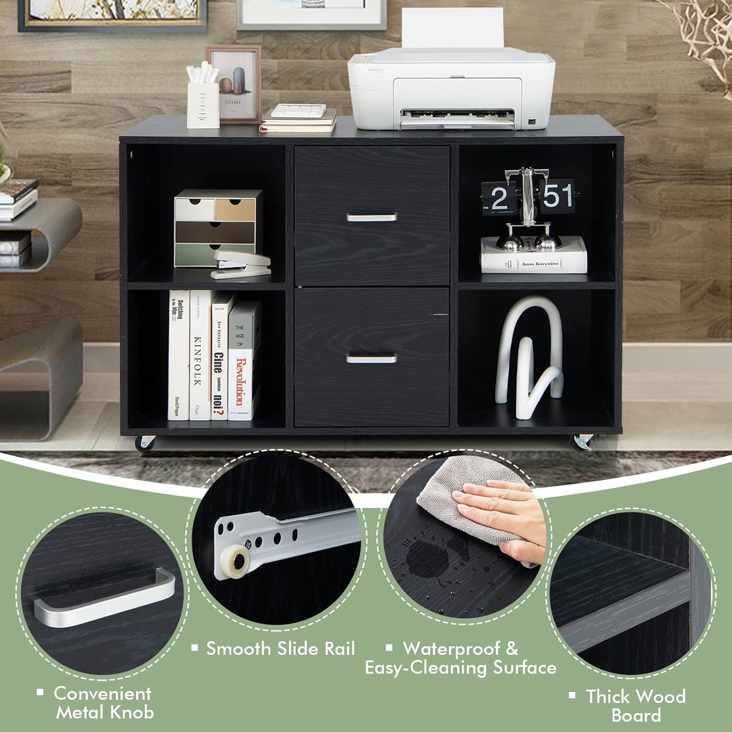 Archivador de 2 cajones, archivador lateral con estantes y ruedas, aparador de buffet negro, gabinete de almacenamiento rodante, gabinetes de madera