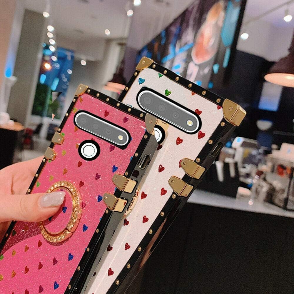 K61 – Funda para LG K61, diseño cuadrado, diseño lindo con purpurina y corazón, suave, con anillo de diamante, color blanco
