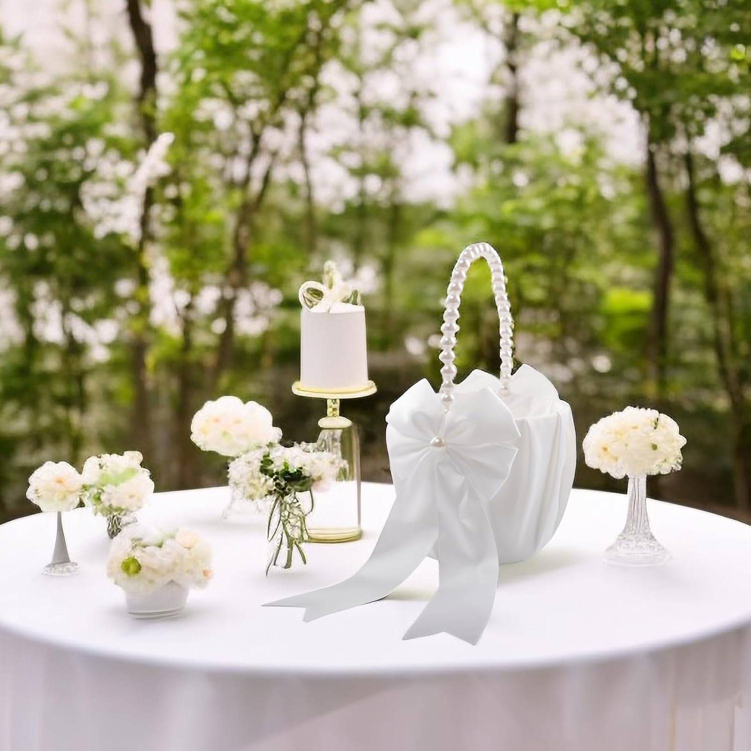 Cesta de niña de las flores para boda con mango de perlas (marfil – lazo)