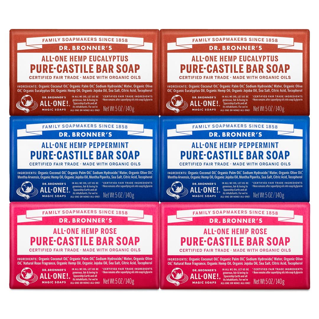 Jabones mágicos Dr. Bronners, jabón de Castilla puro, Menta de cáñamo, todo en uno, barras de 5 onzas (paquete de 6)