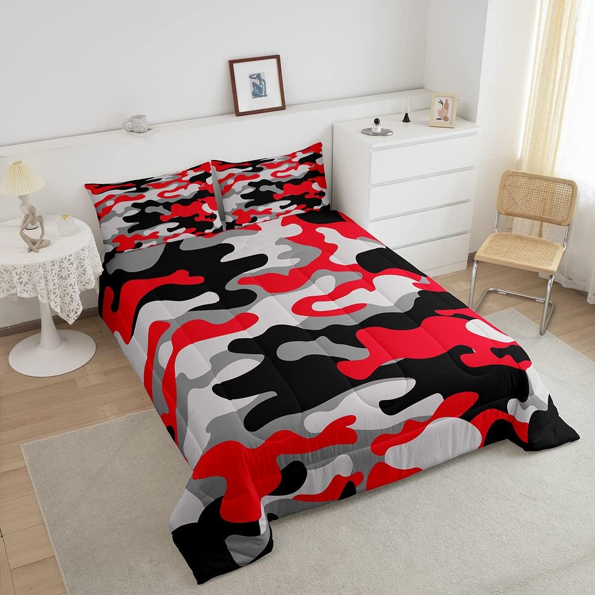 Juego de edredón de camuflaje de tamaño matrimonial, juego de ropa de cama de 3 piezas para niños, niñas y adolescentes, 1 edredón y 2 fundas de