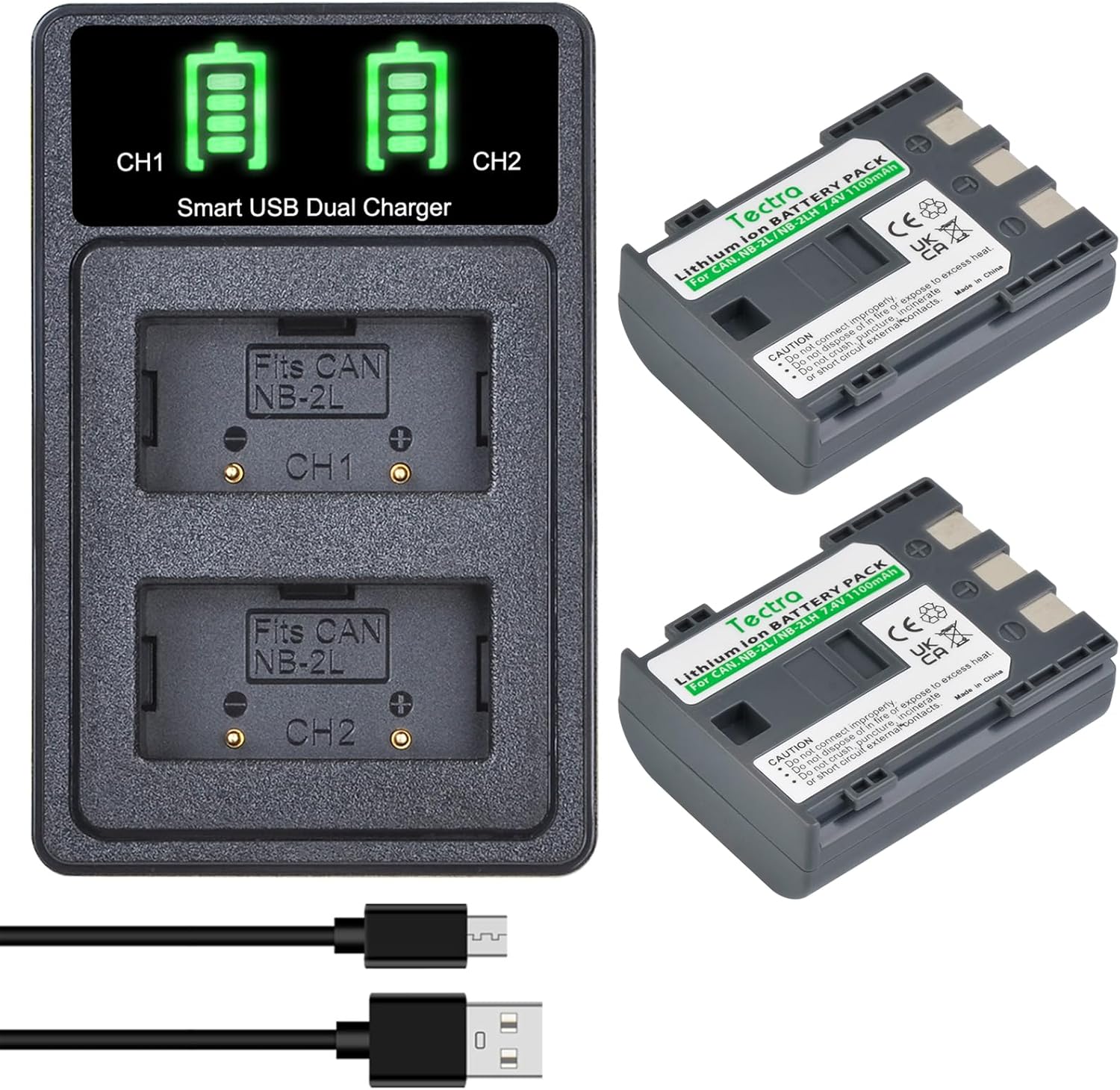 Paquete de 2 baterías NB-2L NB-2LH y LED Dual USB Charger Kit para Canon NB-2L NB-2LH BP-2LH y Canon DC301 DC310 DC320 DC330 DC410 DC420 Elura 40 50