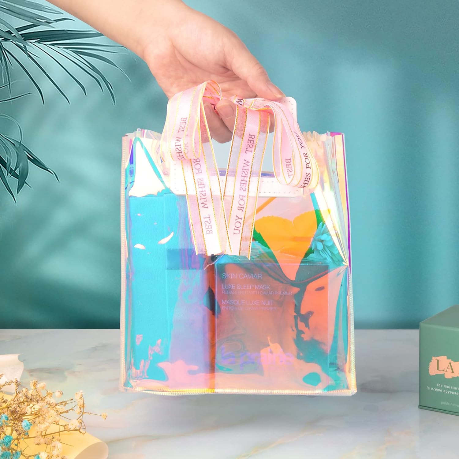 Caleihd 12 bolsas de regalo holográficas transparentes con papel de seda, bolsas de regalo de 7.9 x 7.1 x 3.9 pulgadas con asas, bolsas de regalo,