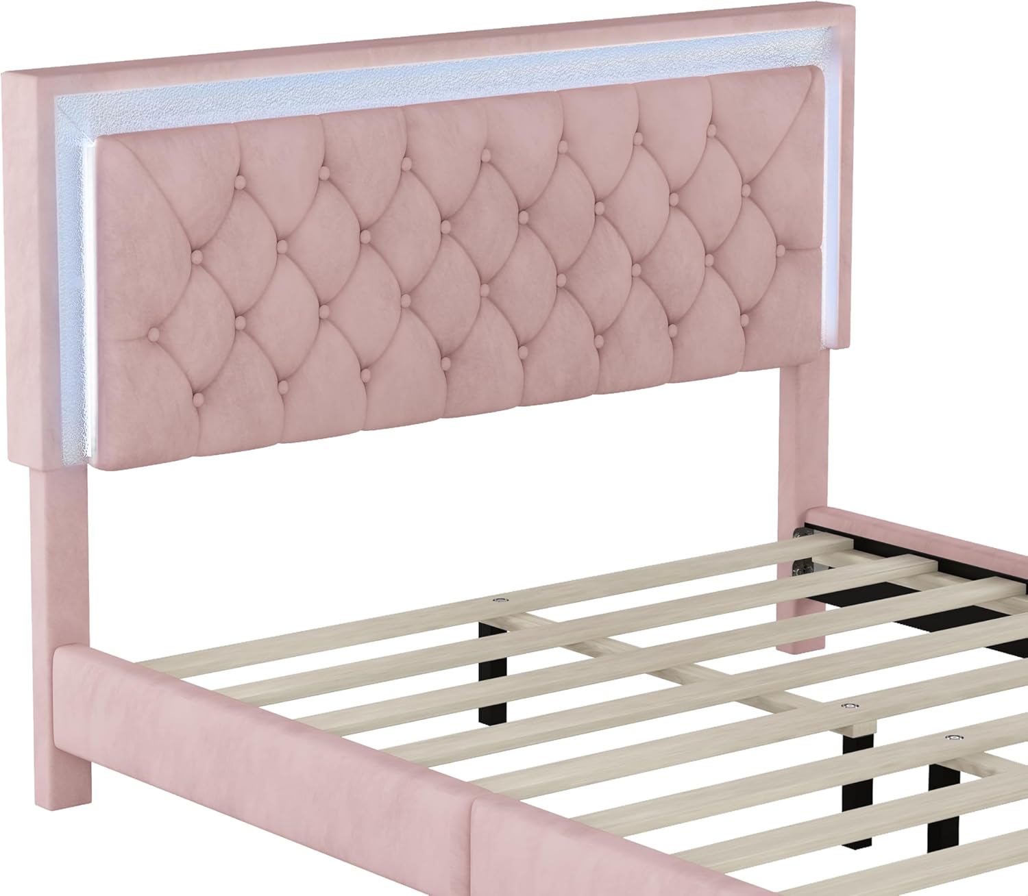 Base de cama tapizada tamaño Queen con luces LED, cama de plataforma de terciopelo moderna con cabecera capitonada de cristal, para niños,