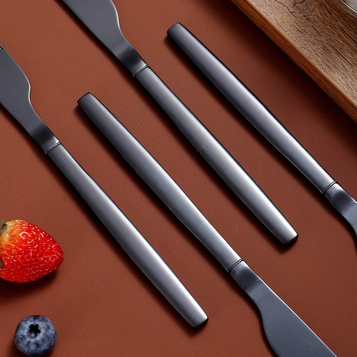 Berglander Juego de 4 cuchillos de cena negros, cuchillos de cena de acero inoxidable chapado en negro brillante de titanio, cuchillos de mesa,