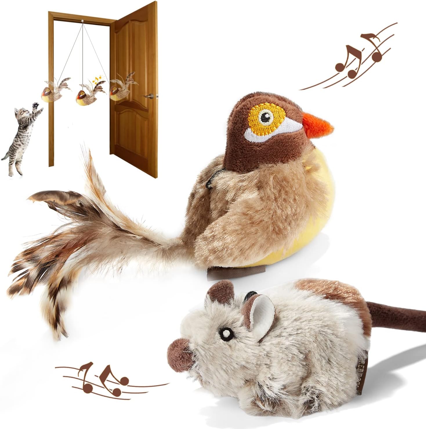 Paquete de 2 juguetes para gatos, paquete interactivo de juguetes para gatos de interior, plumas, plumas, pájaro y gato, ratón chirriante, lindo