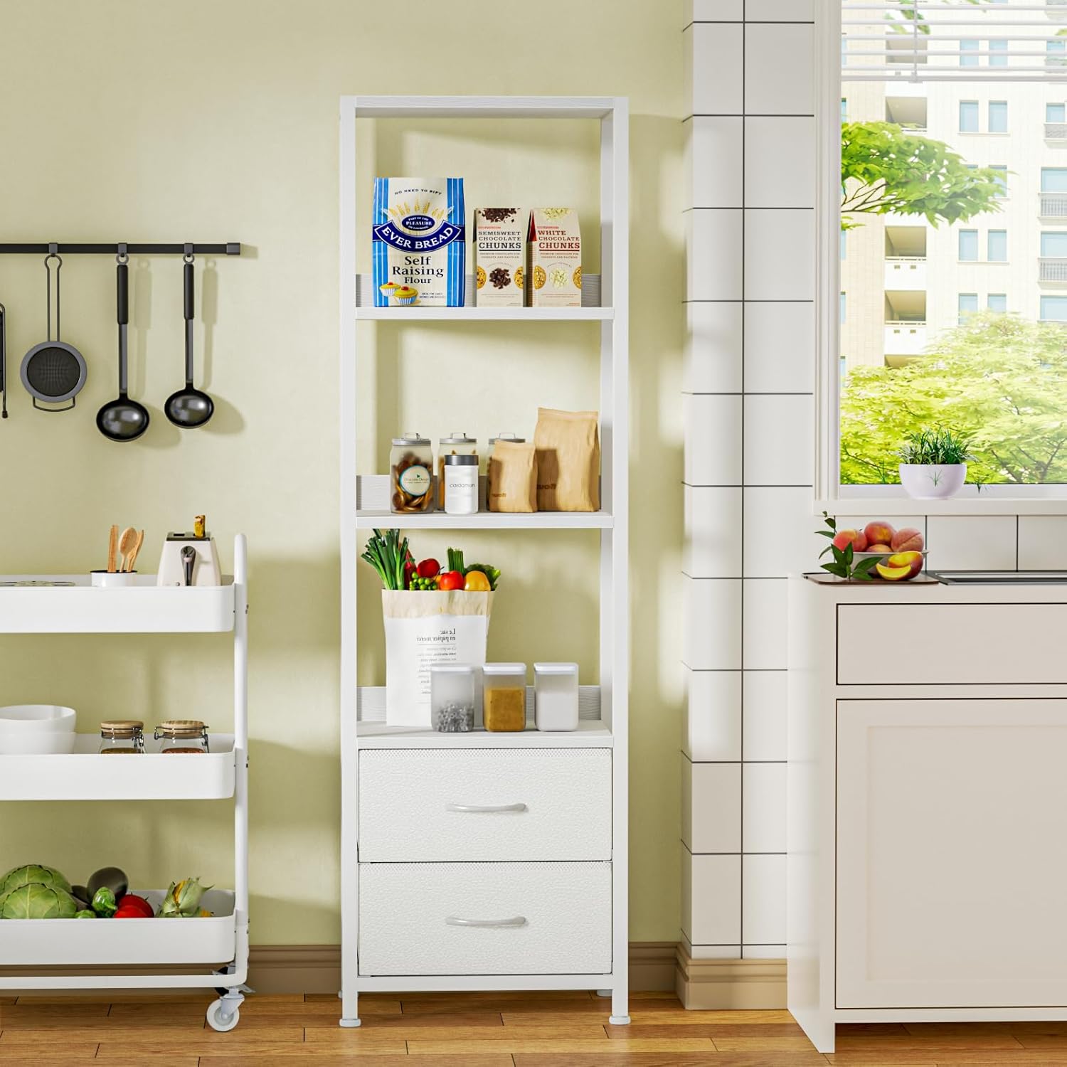 Furnulem Estante esquinero de 4 niveles, estantería con 2 cajones de almacenamiento, estantería estrecha de 57.28 pulgadas de alto, unidad