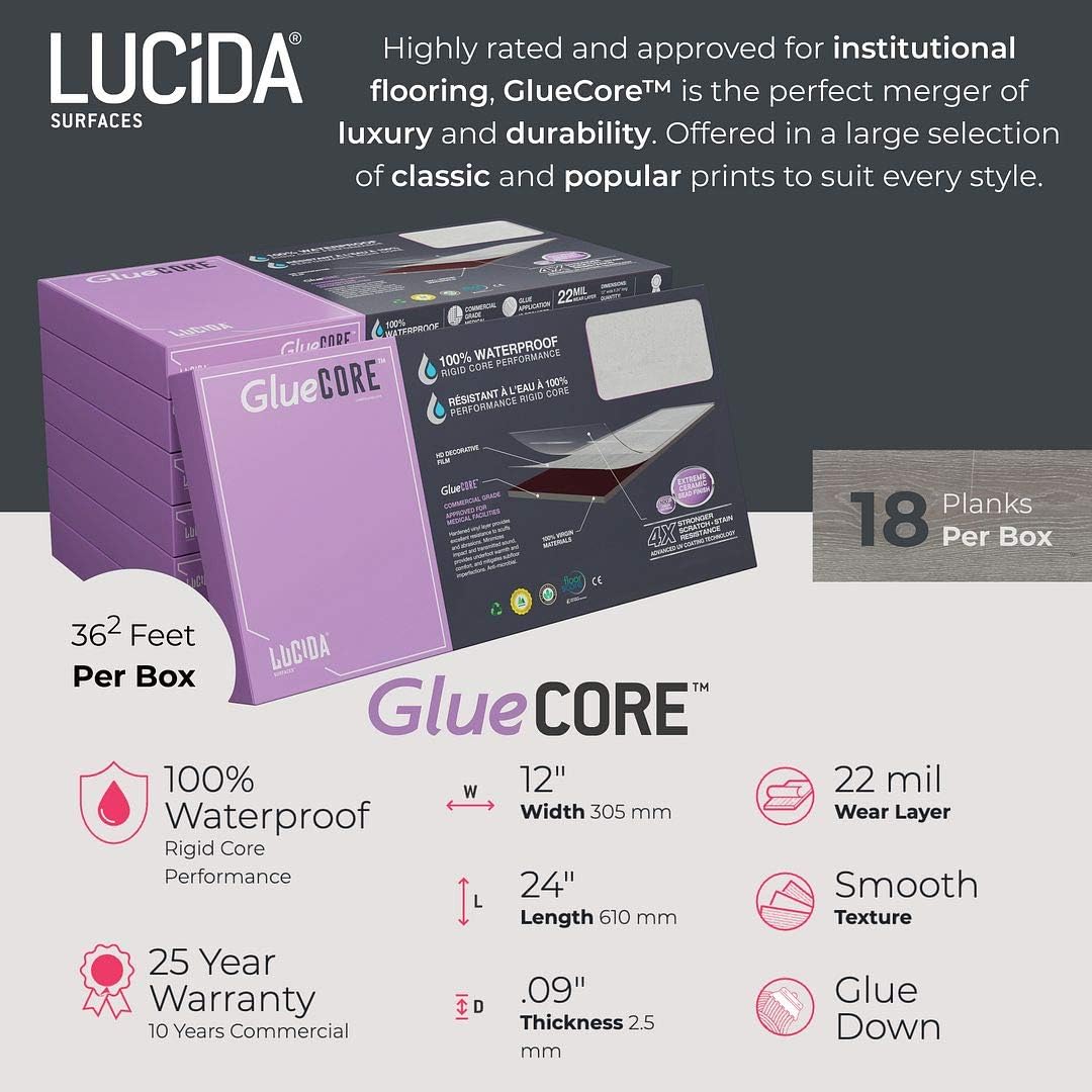 Lucida Surfaces Azulejos de vinilo de lujo  Suelo adhesivo adhesivo para instalación de bricolaje  18 tablones de aspecto de piedra  GlueCore+  36