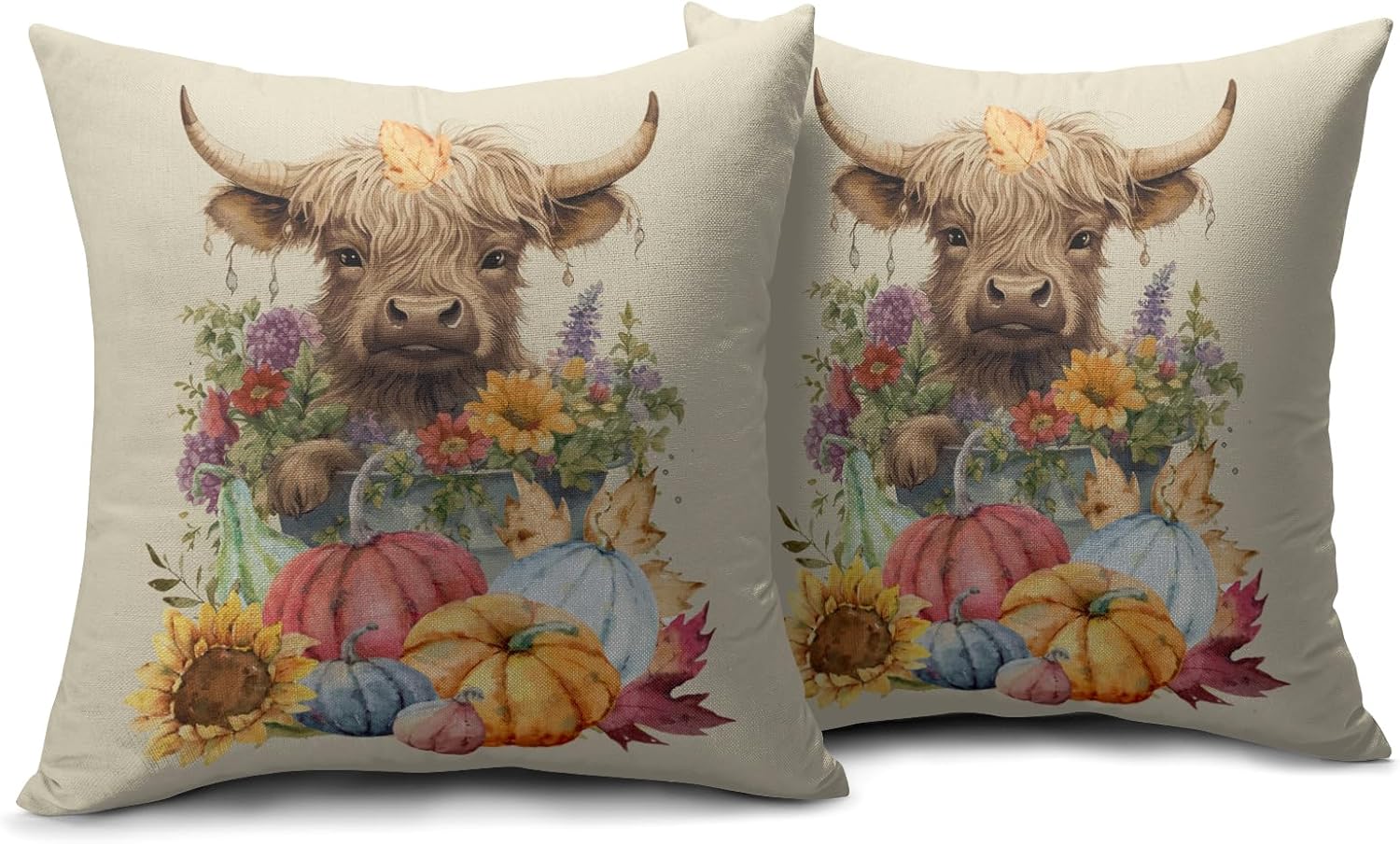 Juego de 2 fundas de almohada de otoño de 18 x 18 pulgadas, diseño colorido de calabaza, girasol, vaca, para exteriores, para Acción de Gracias,
