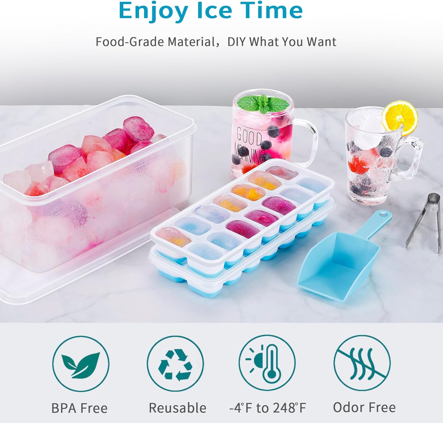 ARTLEO Bandeja para cubitos de hielo con tapa y contenedor, paquete de 4 bandejas de plástico de silicona para cubitos de hielo para congelador con