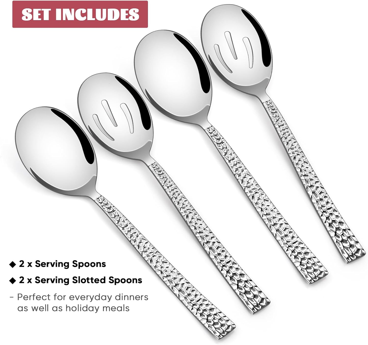 E-far Cucharas martilladas, juego de 4 utensilios de acero inoxidable para servir, 2 cucharas sólidas, 2 cucharas ranuradas, cucharadas de metal