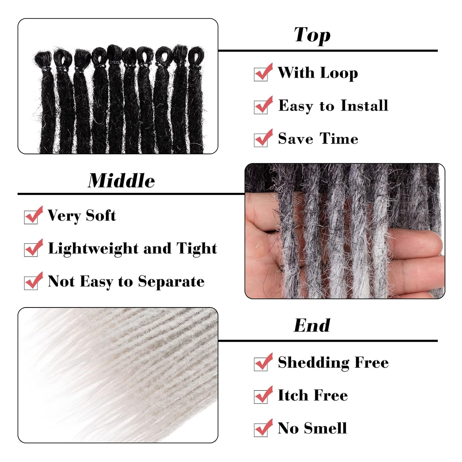 Leeven Extensiones de rastas de 40 hebras de 24 pulgadas, negro a gris, un solo extremo de 0.2 in de ancho, hechas a mano, rastas, cabello sintético