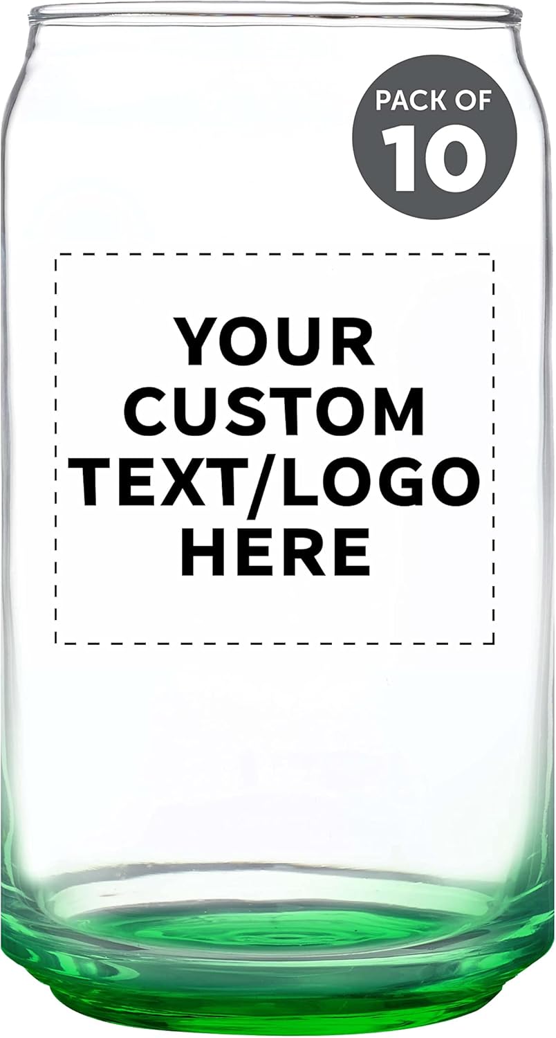 Juego de 10 vasos de lata de cerveza personalizados, 16 onzas, tamaño de pinta, texto promocional, logotipo, forma de lata de soda, cristalería,