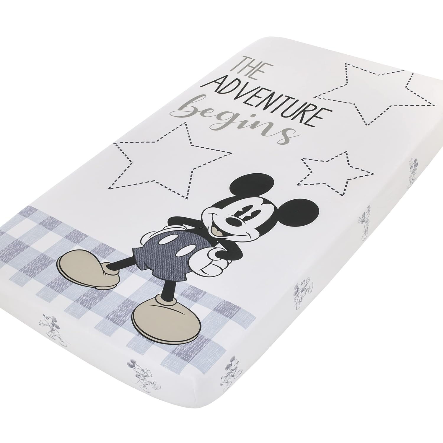 Disney Mickey Mouse – Call Me Mickey White and Blue The Adventure Begins Stars and Gingham 100% algodón Photo Op Nursery Sábana bajera ajustable