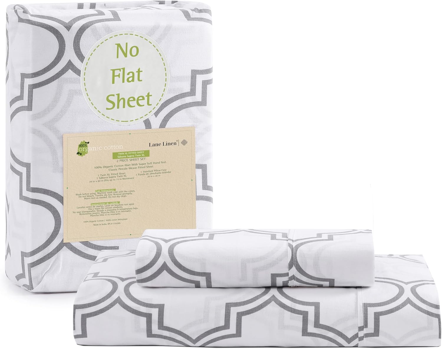 Juego de 2 piezas con sábana bajera 100% algodón orgánico en tamaño individual XL y 1 funda de almohada, con tejido de percal de algodón ultrasuave,