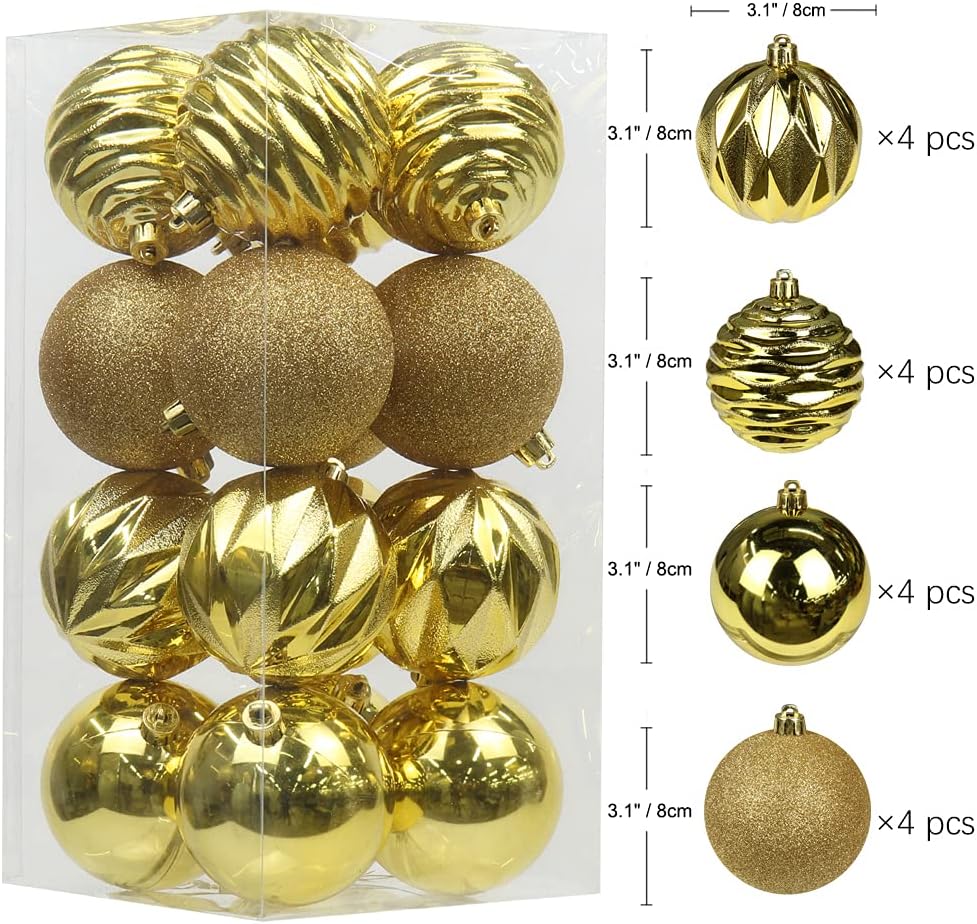 Adornos de bola de Navidad de 3.14 pulgadas, juego de 16 piezas de decoración para árbol de Navidad, bolas grandes de adorno de Navidad doradas
