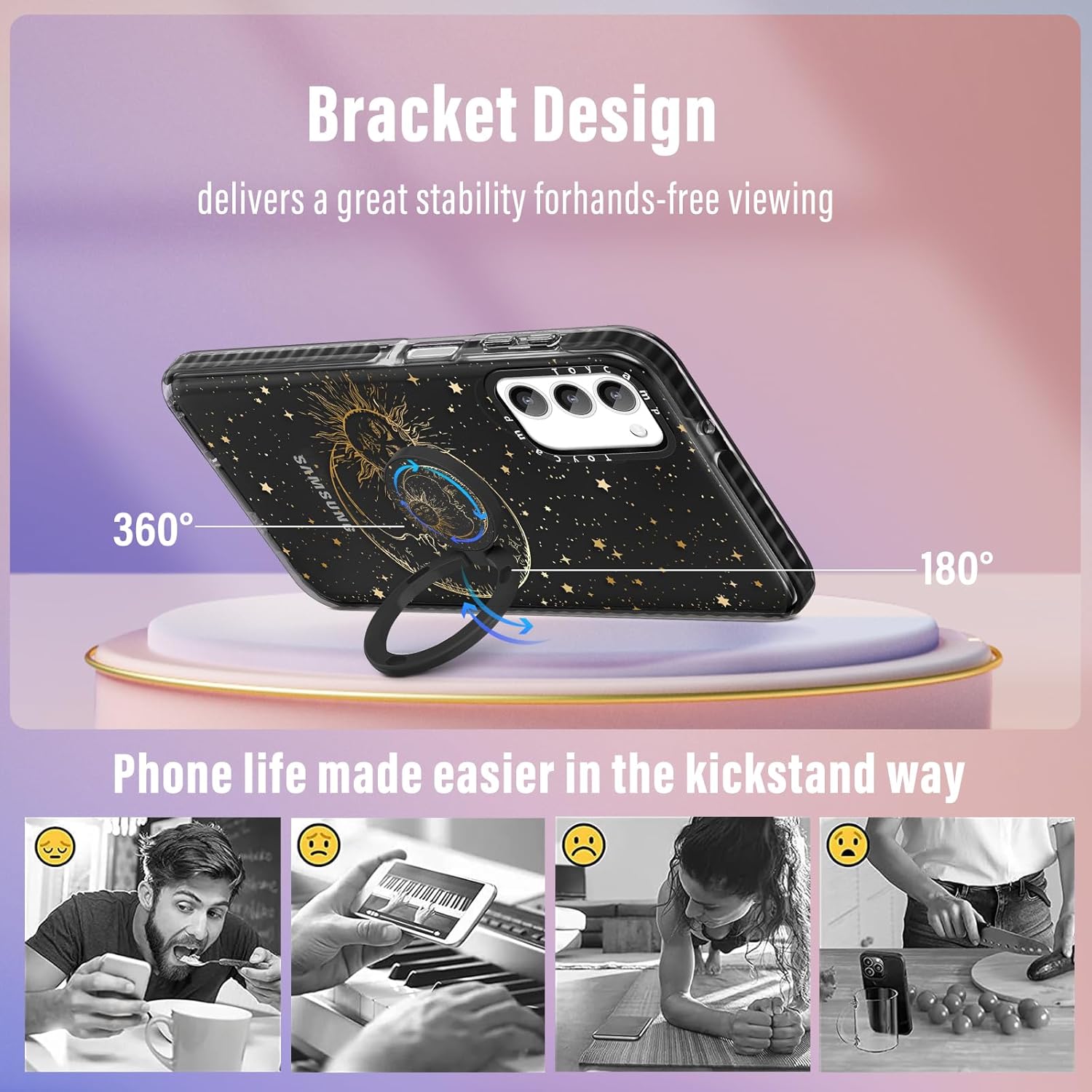 Toycamp Funda para teléfono Samsung Galaxy A03S con soporte de anillo, diseño de fantasía con purpurina de sol, luna, estrellas, fantasía para