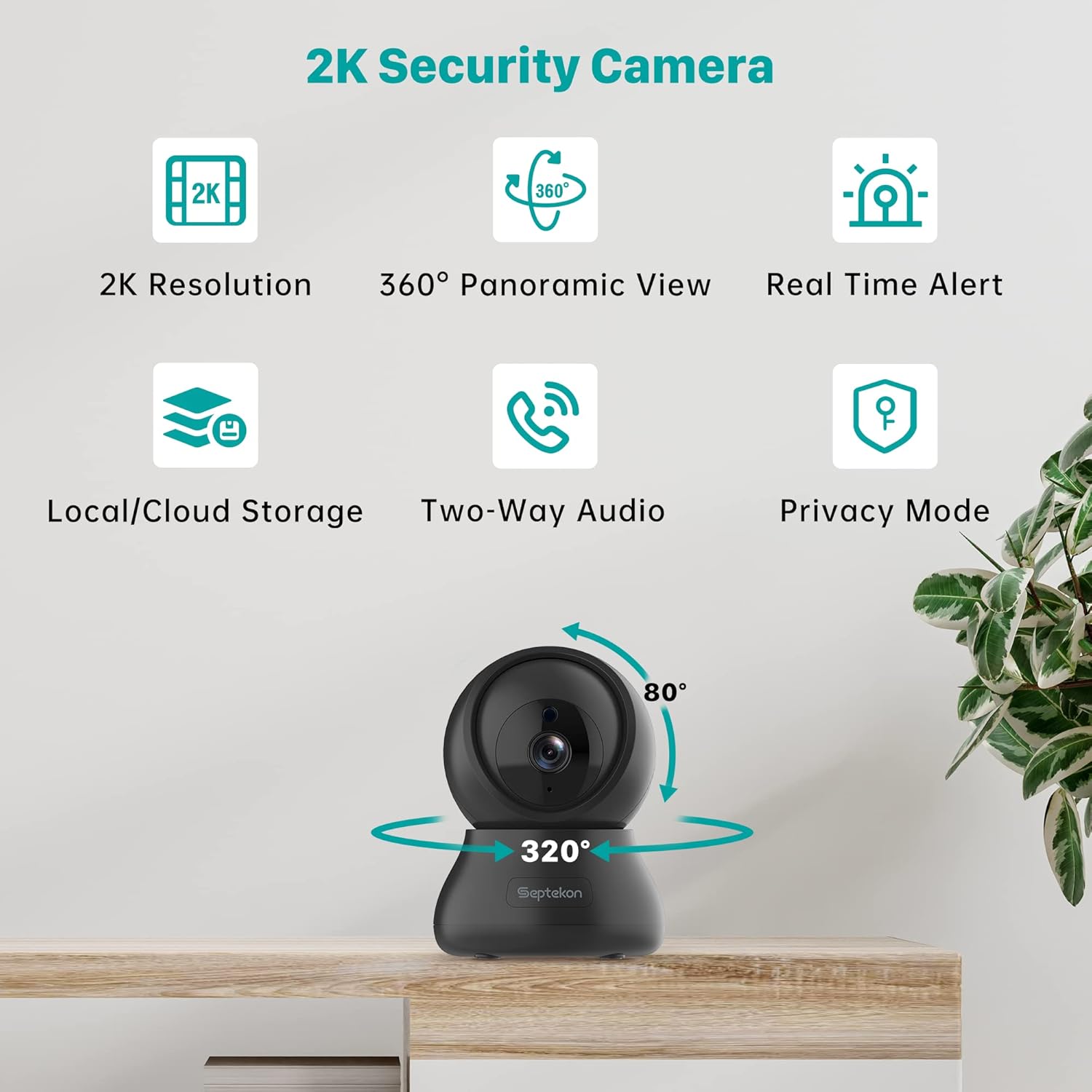 Septekon Cámara de seguridad para interiores 2K, monitor de bebé con inclinación panorámica de 360, 2 unidades, cámara Wi-Fi de 2.4 GHz con visión