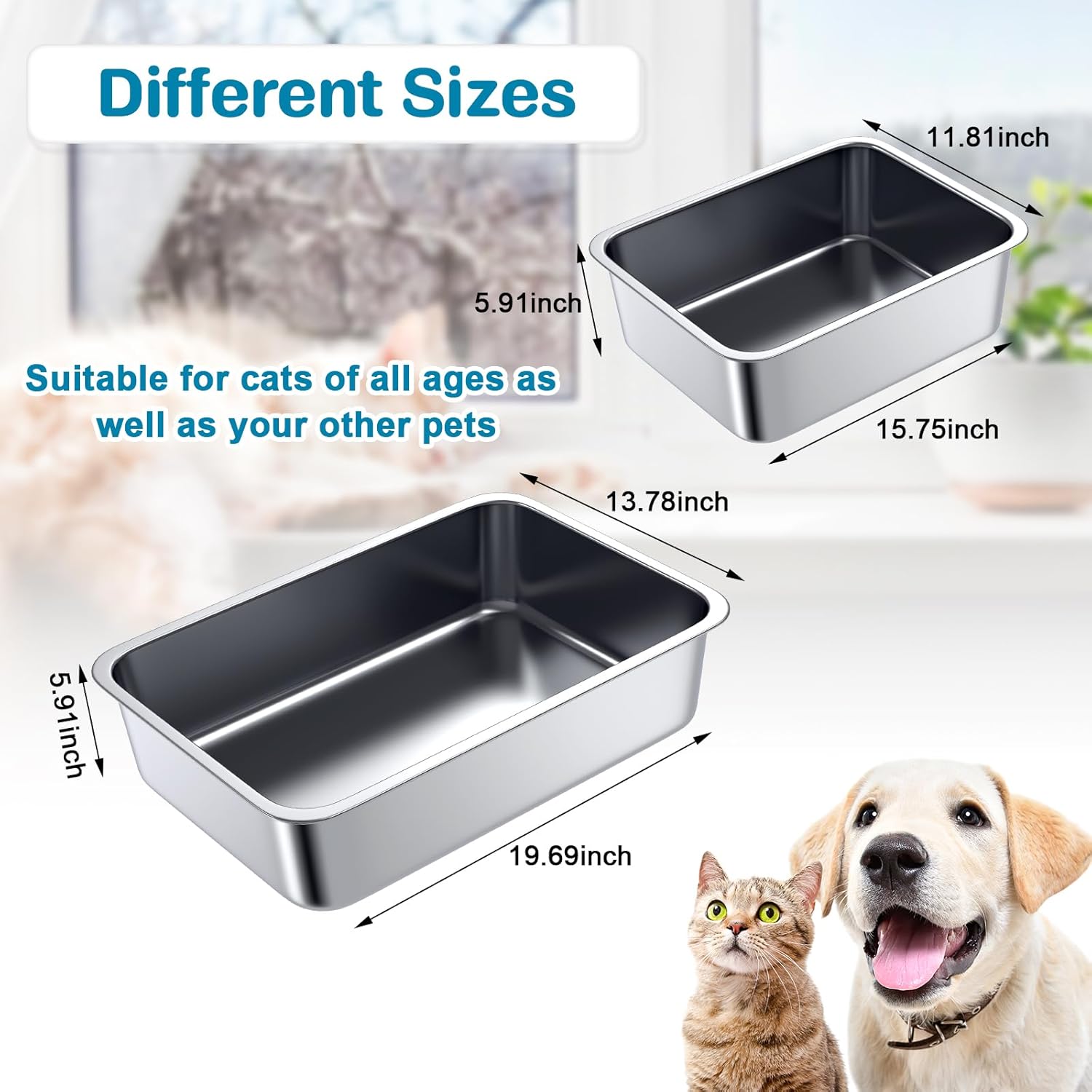 Therwen Paquete de 4 cajas de arena para gatos de acero inoxidable extra grandes, sartenes de metal para gatos, antiadherentes, superficie lisa, a