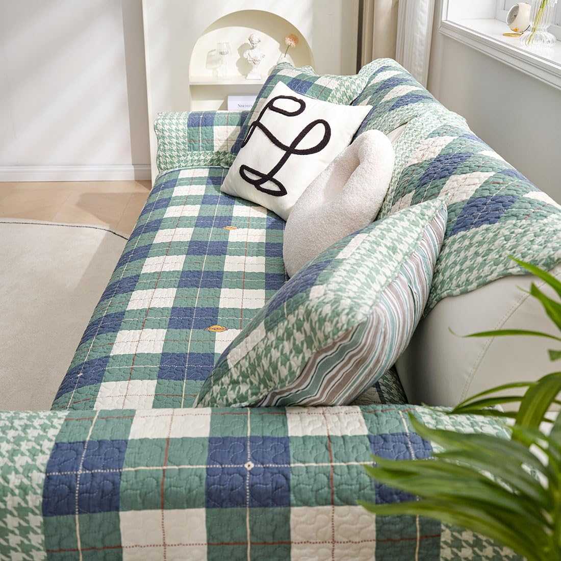 vctops Juego de 2 fundas de almohada decorativas de algodón a cuadros de búfalo de granja, fundas de cojín cuadradas acolchadas (verde azul, 20 x 20
