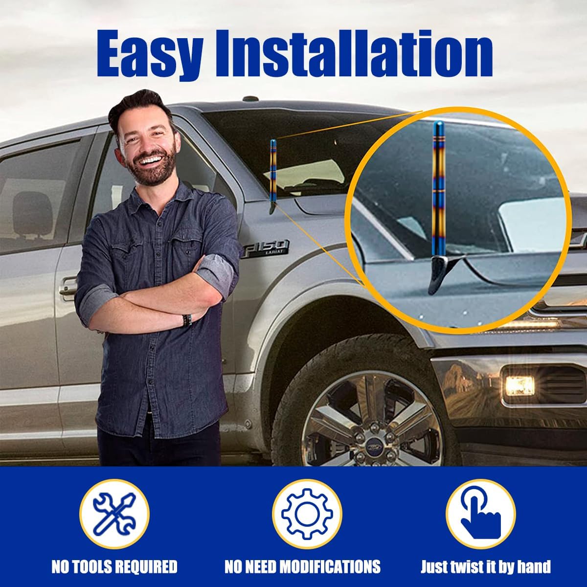 Kewucn Antena de radio corta para automóvil, 4.7 pulgadas, superficie pulida de aluminio azul horneado, mástil de antena automática, antena de radio