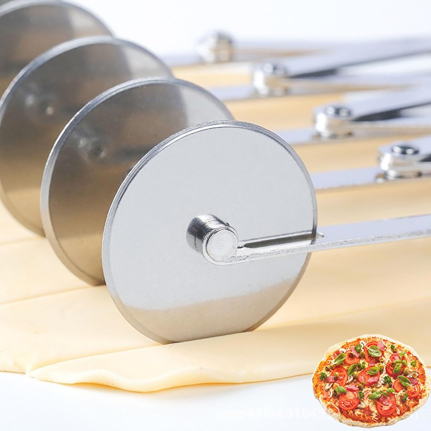 Juego de 3 cortadores de masa de acero inoxidable de 5 ruedas con espátula de pizza y raspador de tazón de masa, rueda cortadora de pastelería