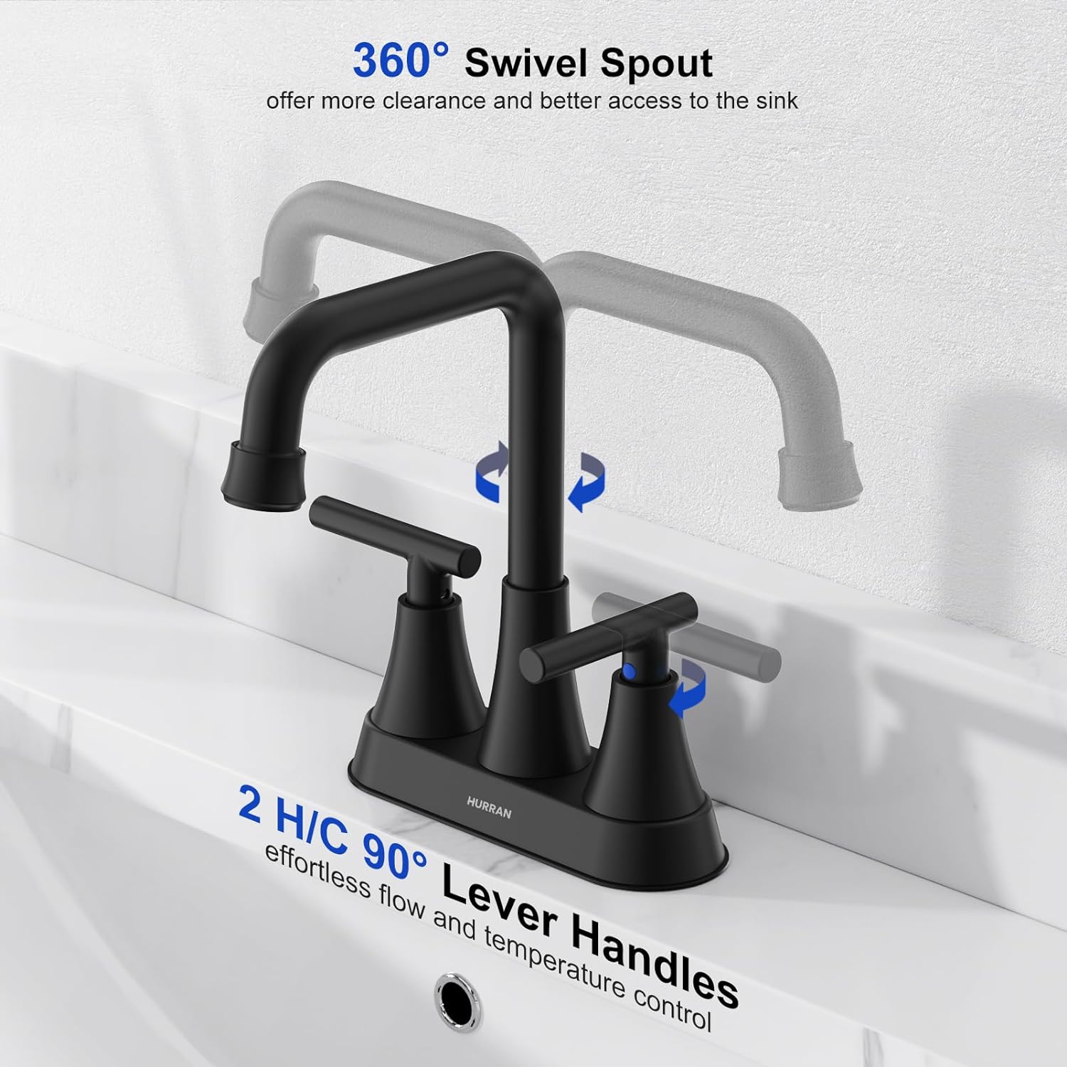Grifo de lavabo de baño negro mate, 4 pulgadas, 3 agujeros con drenaje emergente y líneas de suministro, grifo central de acero inoxidable de 2