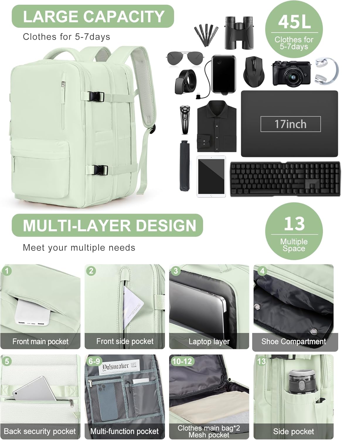 Mochila de viaje grande para mujer, mochila de transporte, mochila de senderismo, mochila impermeable para deportes, escuela, portátil, mochila,
