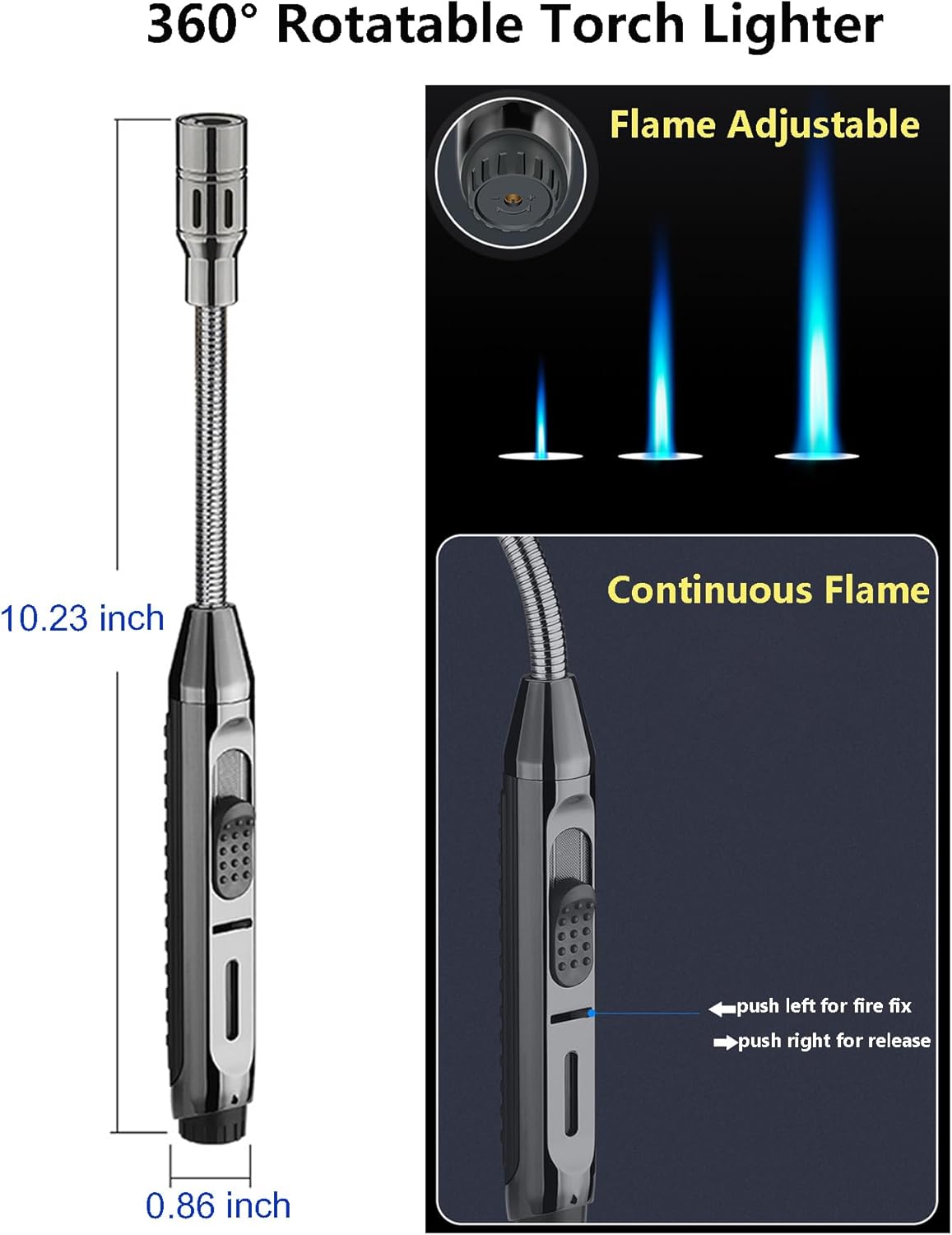 Jnfire Encendedor largo de butano recargable, resistente al viento, ajustable, con ventana visual de combustible, encendedor flexible de 360 para