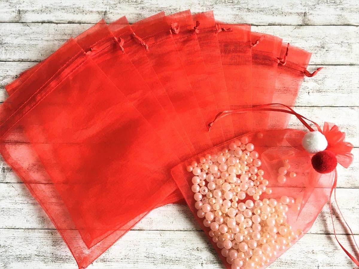Bolsas de regalo de organza de 5 x 7 pulgadas con cordón para joyas, dulces, flores de lavanda secas, 100 bolsitas rojas, bolsa de malla de tela