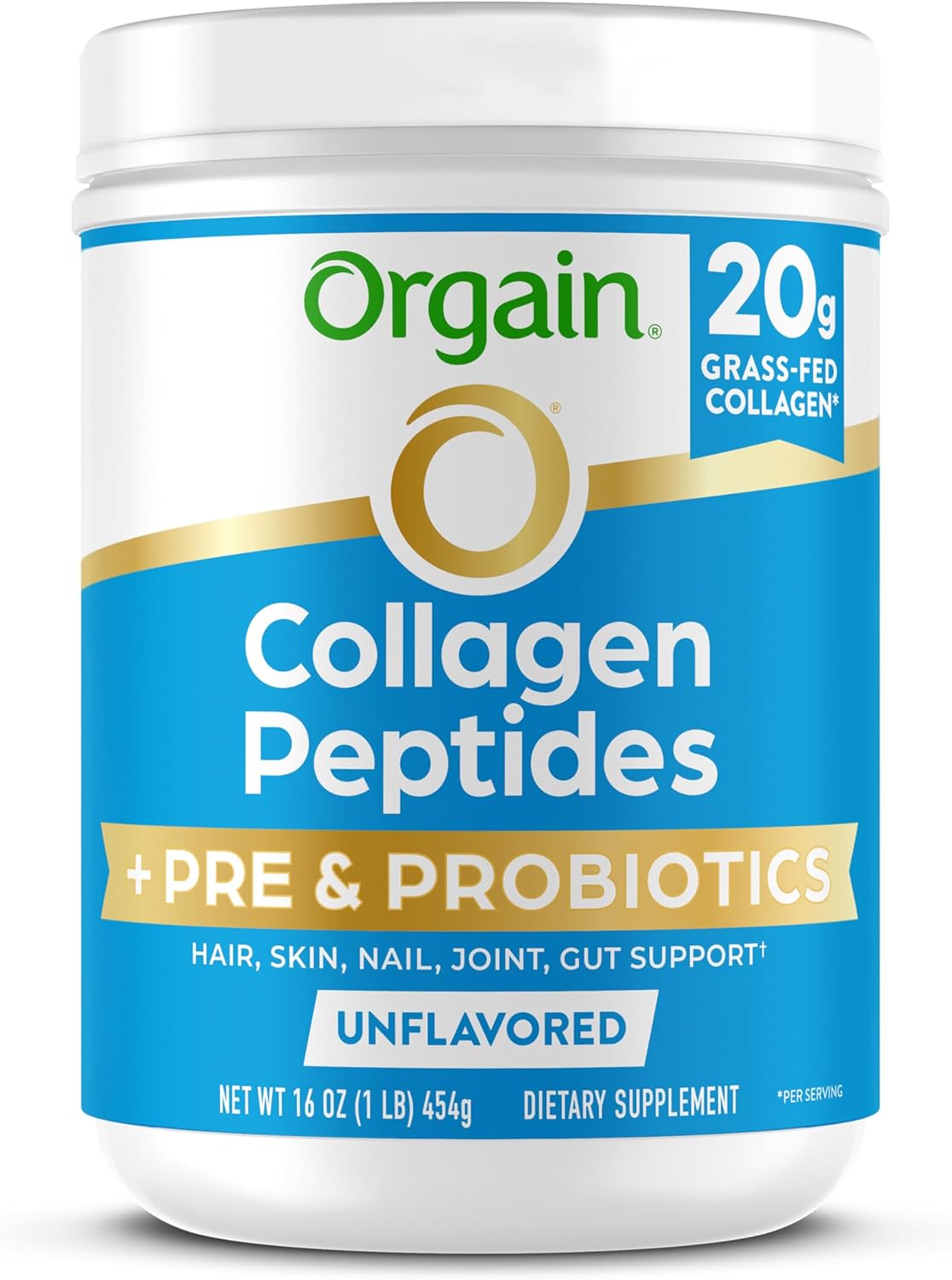 Orgain Hydrolyzed Collagen Peptides + Prebiotic & Probiotics Powder for Women & Men, 20g Grass Fed Collagen, 1 Billion CFU – Supports Digestive,