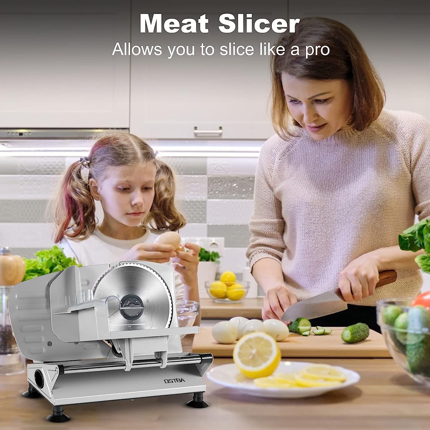 OSTBA – Rebanador eléctrico de carne con cuchillas de acero inoxidable extraíbles, cortador de carne de grosor ajustable para uso doméstico, fácil
