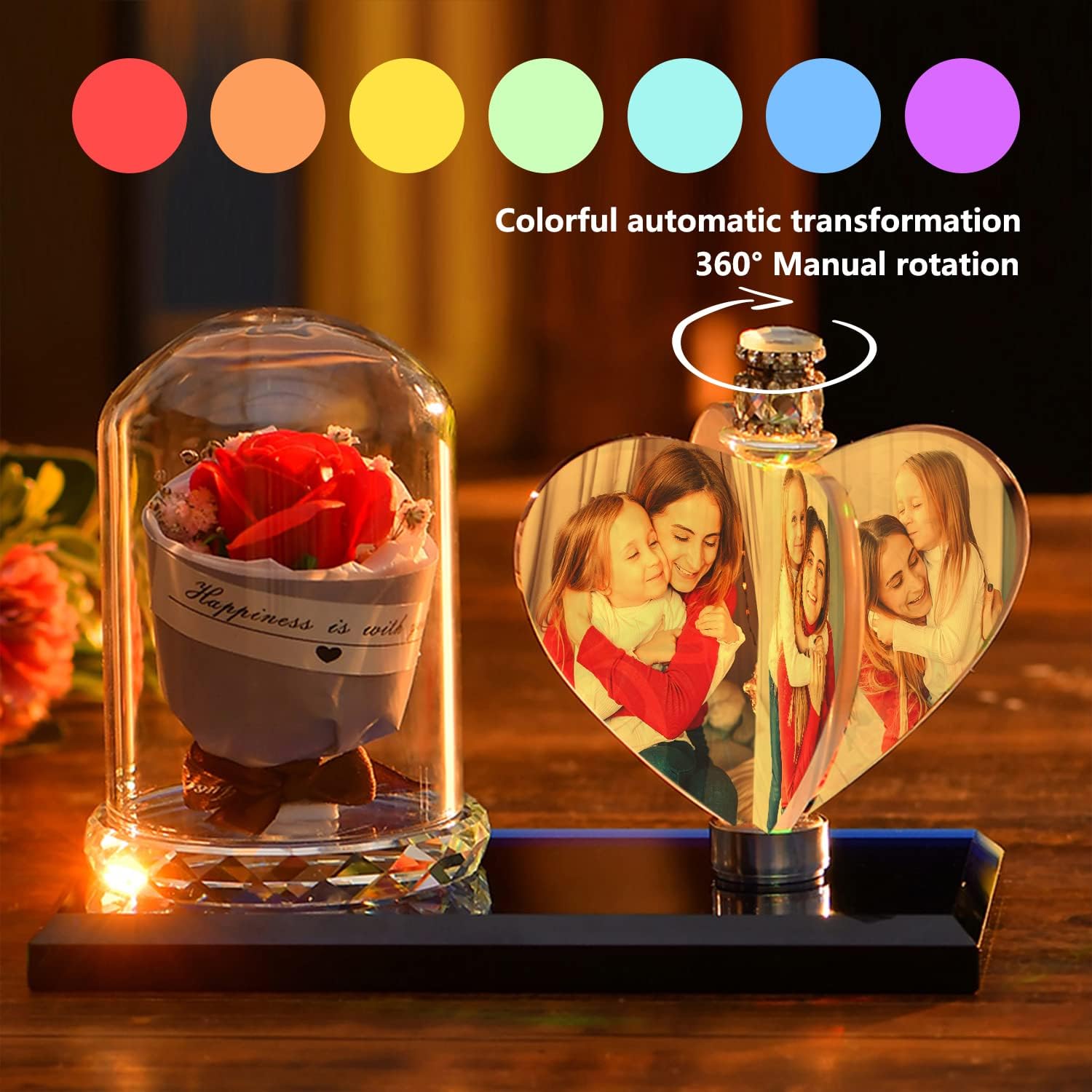 Marco de fotos personalizado en forma de corazón de cristal en forma de corazón de luz de noche de cristal Familia Bebé Madre Amante Daddy Day