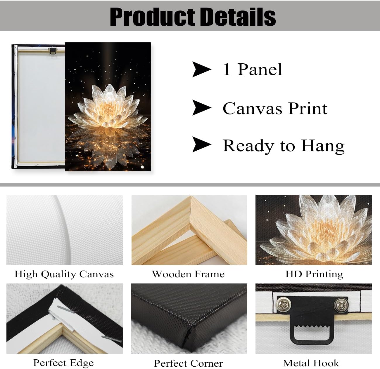 DOARTDO Lienzo de flor de loto blanco para pared, cuadros zen, decoración de pared, pinturas de spa, marco de decoración de baño con espíritu