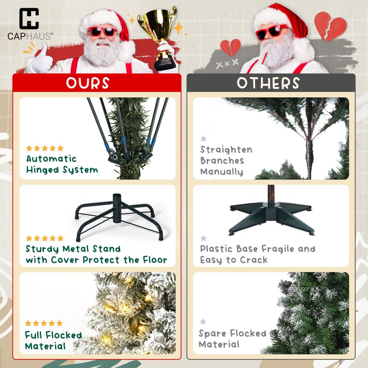 CAPHAUS Árbol de Navidad artificial preiluminado de 7.5 pies con 980 puntas de ramas prearticuladas y soporte plegable, árbol de Navidad delgado