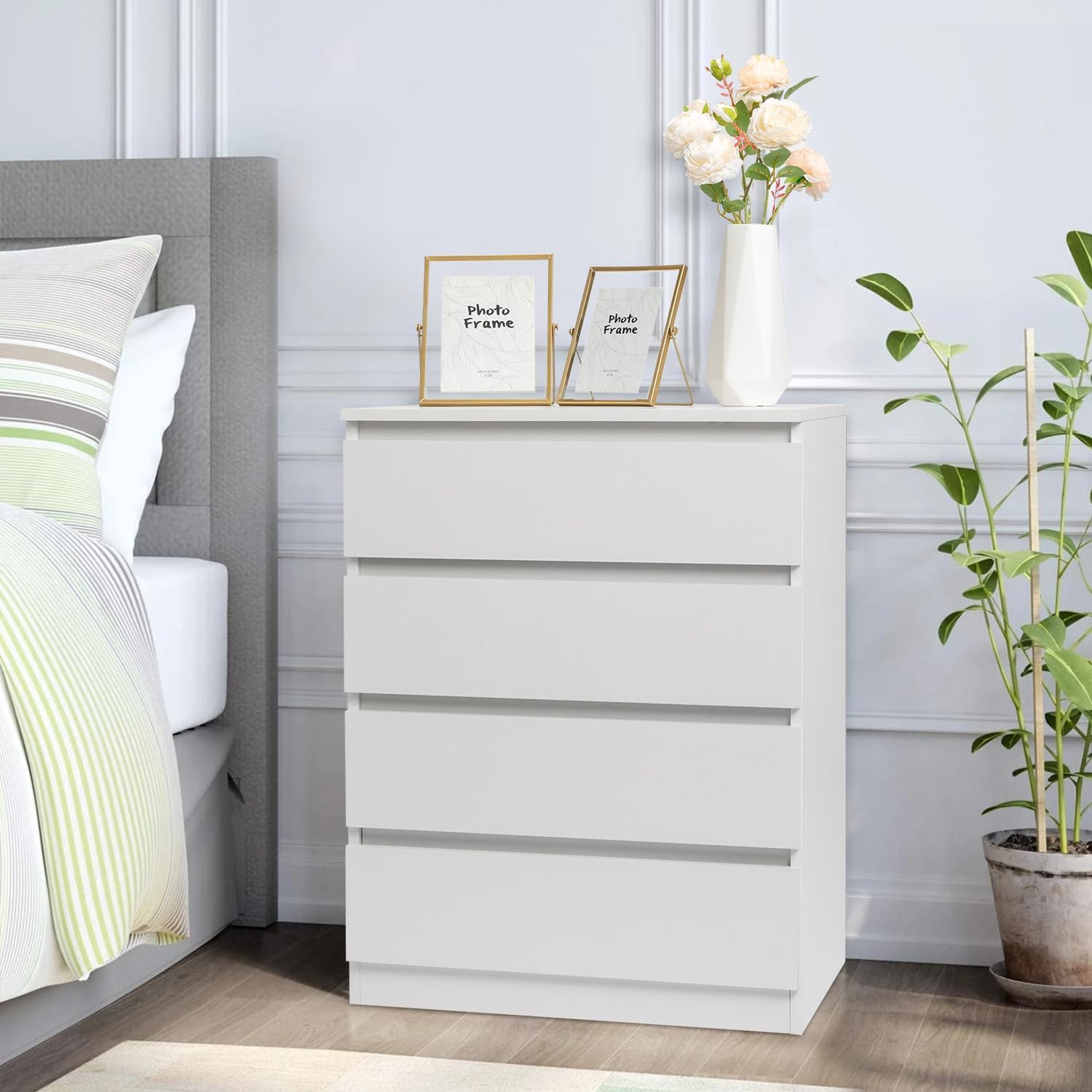 Karl home Cómoda blanca de 4 cajones para dormitorio, cómoda de madera con cajones profundos, cómoda alta con asas recortadas, cómoda de madera