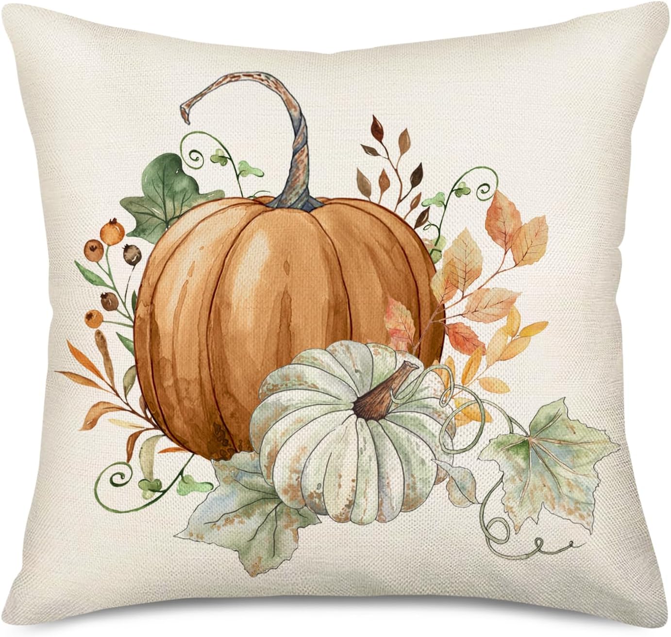MEHOTOP Fundas de almohada de calabaza naranja de 16 x 16 pulgadas, fundas de almohada rústicas de granja, calabazas de acuarela, hojas de arce,