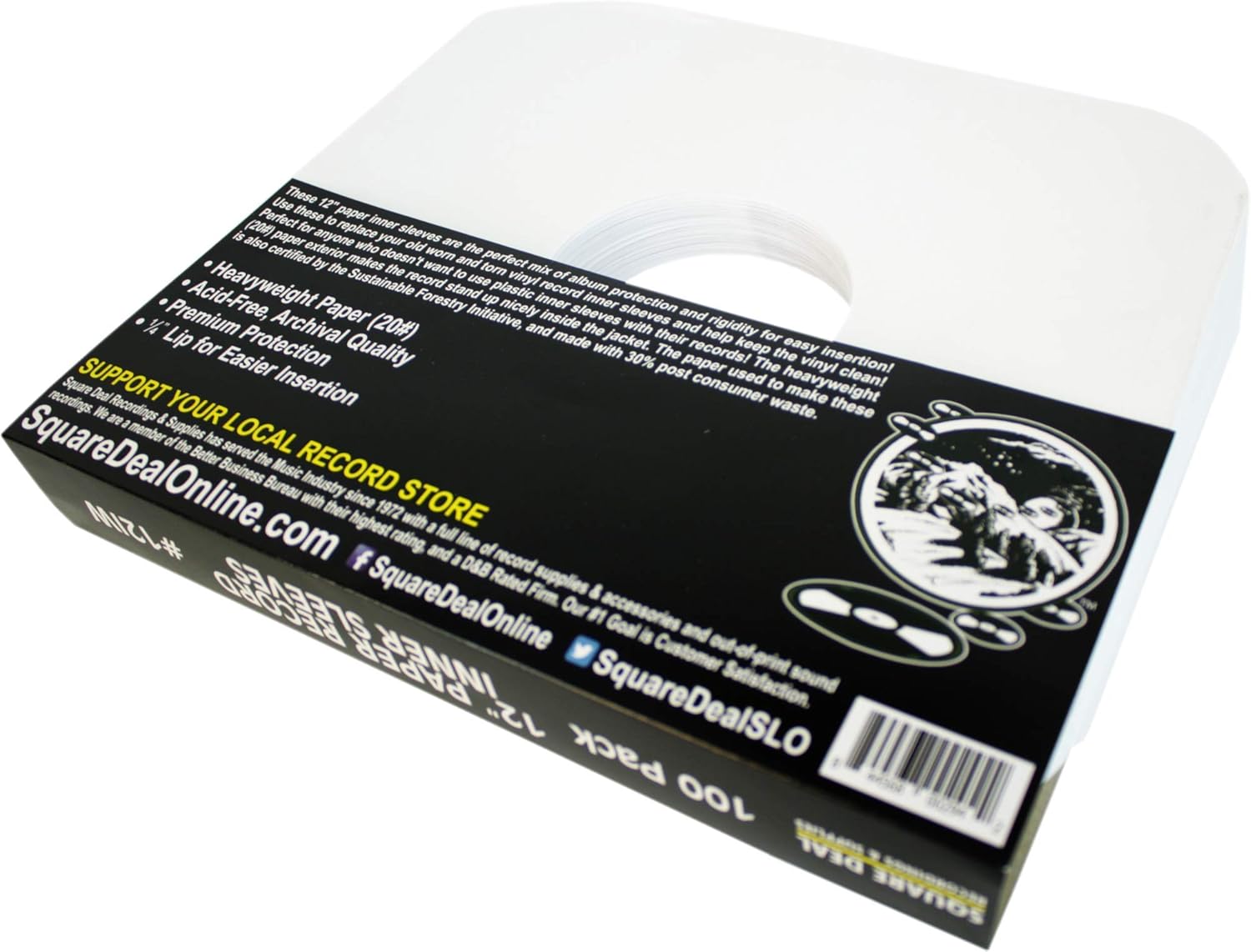 Square Deal – Fundas interiores para disco de vinilo de 12pulgadas, de papel blanco pesado, calidad de archivo, sin ácidos Juego de 100 unidades