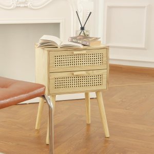 AWASEN Mesita de noche de ratán con cajones, moderna mesita de noche con almacenamiento, mesa auxiliar de madera para dormitorio y espacio pequeño AWASEN Mesita de noche de ratán con cajones, moderna mesita de noche con almacenamiento, mesa auxiliar de madera para dormitorio y espacio pequeño