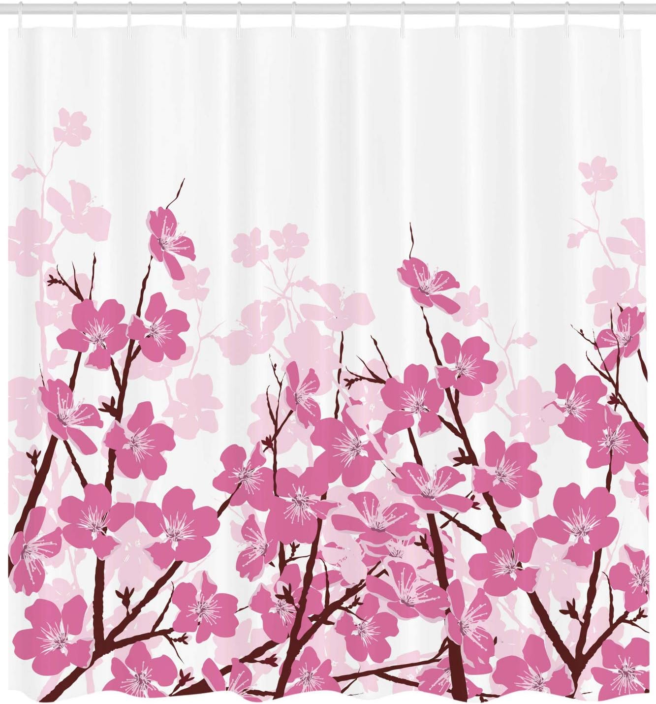 Ambesonne Cortina de ducha asiática, flor de cerezo japonés, Sakura con ramas, ilustración de jardín de flores de primavera, juego de decoración de
