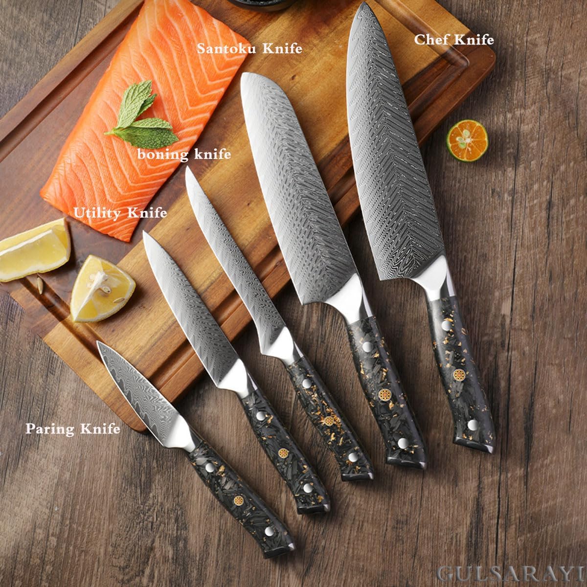 Juego de cuchillos de Damasco de 5 piezas para juegos de cuchillos de cocina para cocina con bloque mango ergonómico para cuchillo de chef, acero