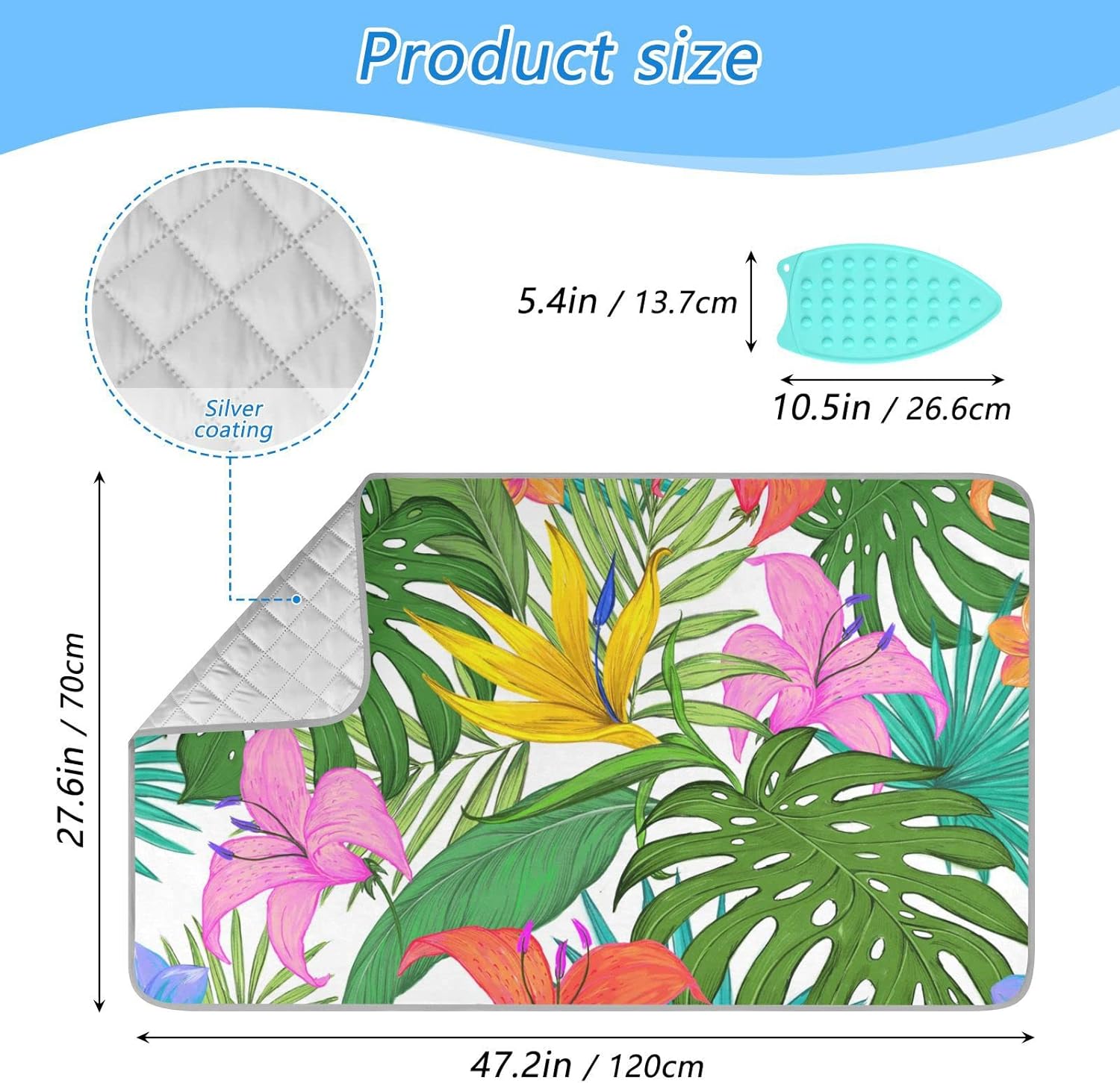 Tropical Leaves Homes – Alfombrilla de planchar (tamaño grande, 47 x 28 pulgadas) con acolchado de 0.118 pulgadas y soporte de silicona para