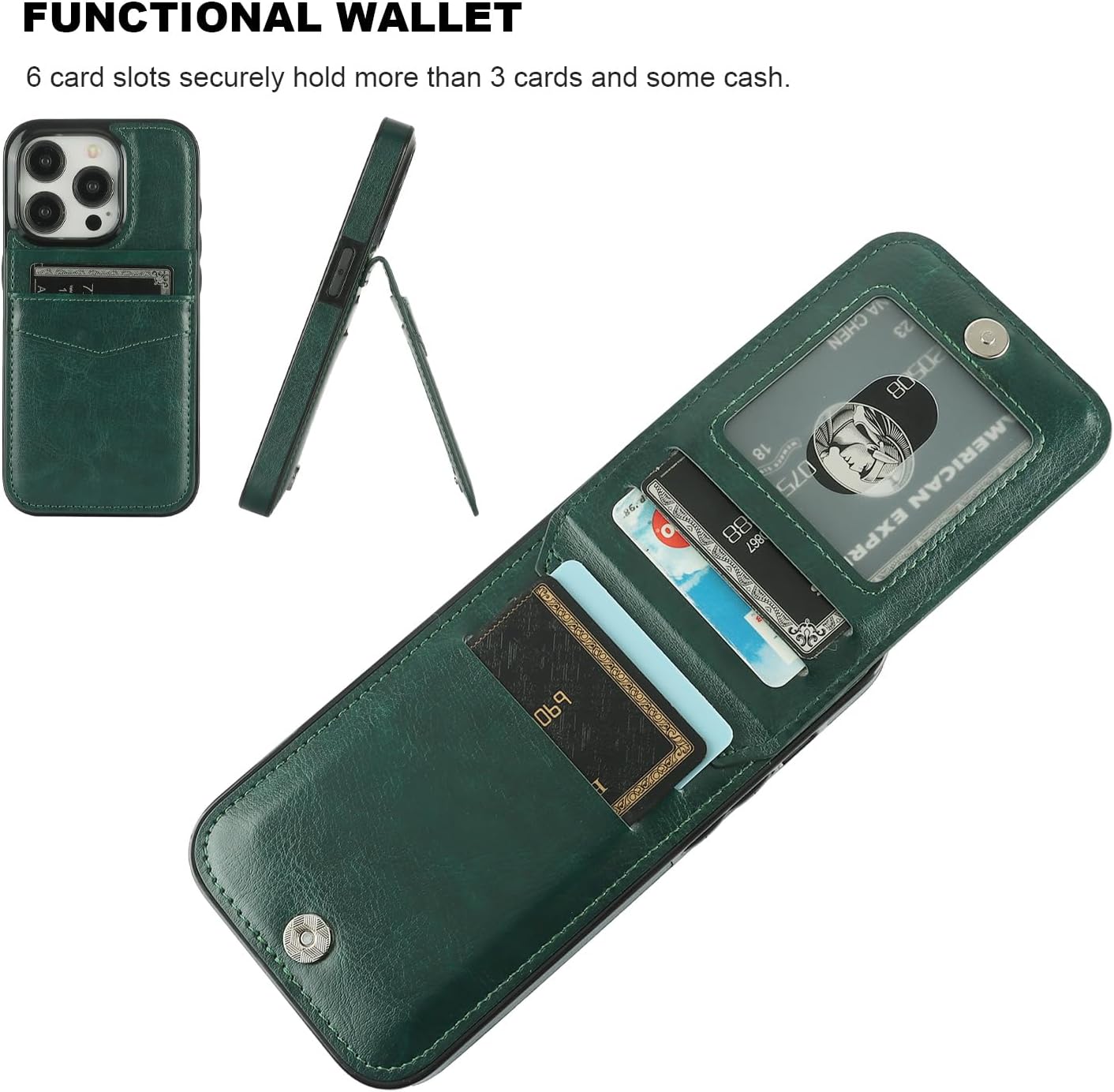 KIHUWEY Funda compatible con iPhone 15 Pro con soporte para tarjeta de crédito, cierre magnético de cuero de alta calidad, función atril, funda