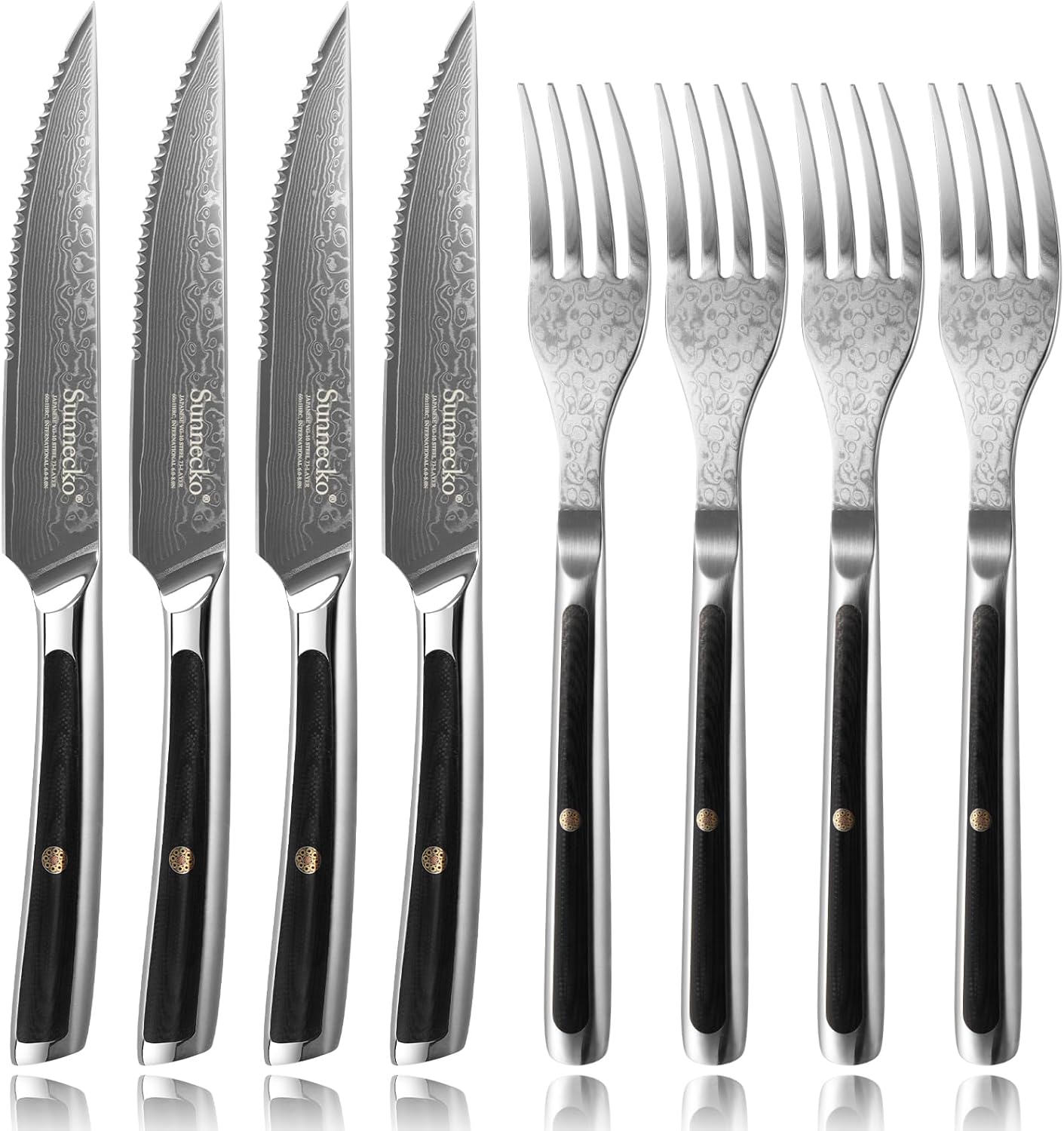 Sunnecko Damasco – Juego de 8 cuchillos para carne de acero inoxidable VG10 con dentadura y dentados, aptos para lavavajillas, juego de cuchillos y