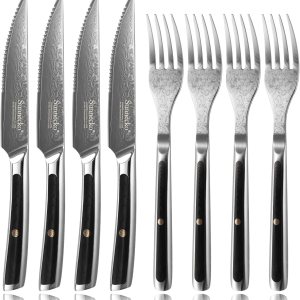 Sunnecko Damasco – Juego de 8 cuchillos para carne de acero inoxidable VG10 con dentadura y dentados, aptos para lavavajillas, juego de cuchillos y Sunnecko Damasco – Juego de 8 cuchillos para carne de acero inoxidable VG10 con dentadura y dentados, aptos para lavavajillas, juego de cuchillos y