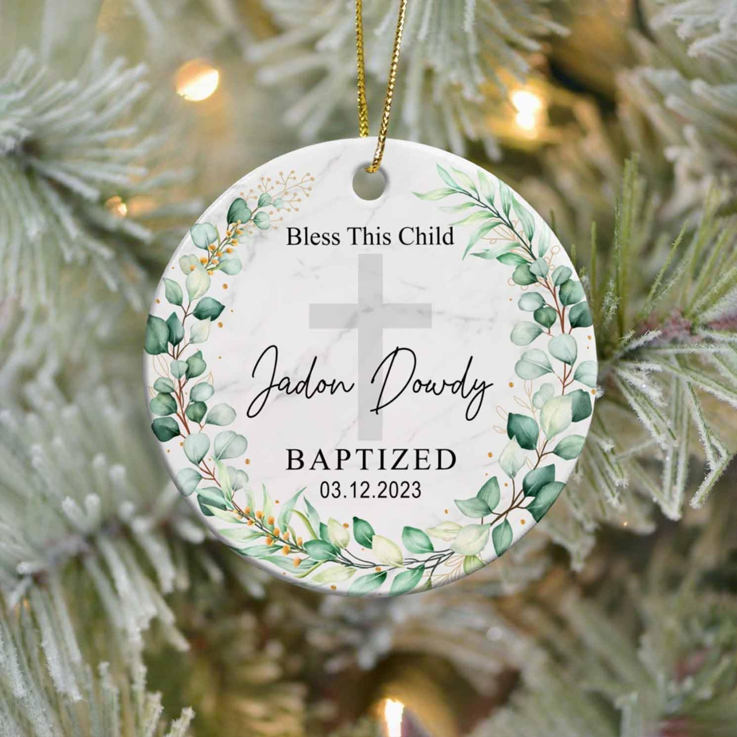 Bless This Child Baptized Christmas – Adorno de cerámica personalizado para el bautismo de Dios bendiga el bautismo, adorno floral personalizado,